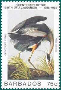 Barbados (1985), SG # 786, Sc # 667, Great Blue Heron (Ardea herodias), Audubon Plate-29