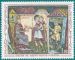 1969-Sc 1238-Mural of Saint-Savin Abbey, 'Sts. Savin and Cyprian before Ladicius' (Vienne)