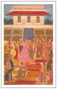 Deccan Paintings - Prince playing Holi in harem, Golkonda, circa 1700 A.D.,National Museum, New Delhi