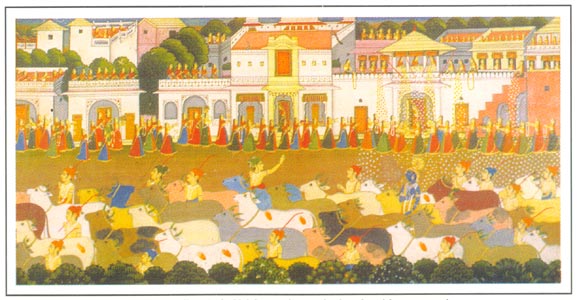 Rajasthani Paintings - After the Govardhan Puja Krishna going to the jungle with gopas and cows, Jaipur, circa 1750-1800 A.D., National Museum, New Delhi