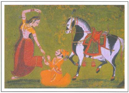 Paintings of Central India - Hero removing thorn from the foot of a heroine, Raghogarh, circa 1770 A.D., National Museum, New Delhi