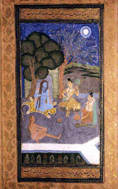Dark blue, a Kanphata jogi is seated under a tree listening to the music of Rudra Veena. This is particularly a melody which induces meditative mood