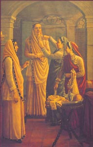 Raja Ravi Varma (1848 - 1906) -  Decking the Bride, Oil on Canvas, H.H. The Maharaja of Travancore, Kaudiar Palace, Thiruvananthapuram 