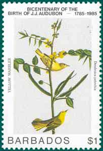 Barbados (1985), SG # 787, Sc # 668, Yellow Warbler (Dendroica petechia), Audubon Plate-343