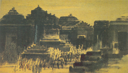 Gaganendranath Tagore - Cluster of Puri Temples, Water colour on paper, 21.8 x 12.9 cm, National Gallery of Modern Art, New Delhi 