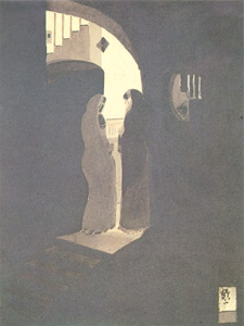 Gaganendranath Tagore - Meeting at the staircase, Water colour on paper, 24.3 x 32.8 cm,  National Gallery of Modern Art, New Delhi 